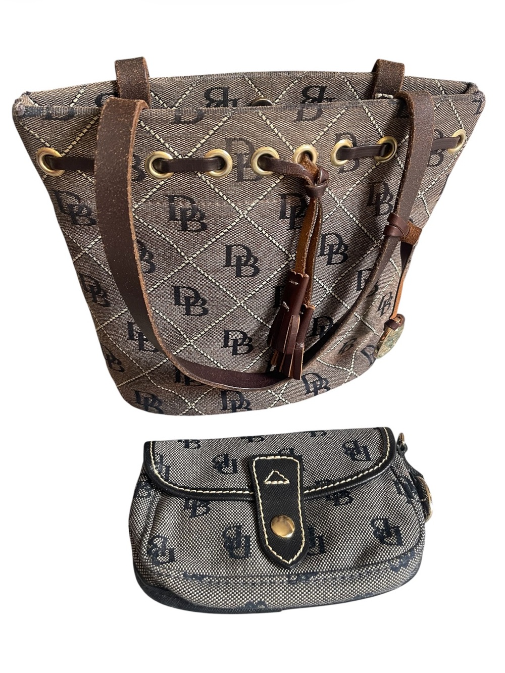 Vintage Dooney & Bourke  signature monogram canvas leather tassel bucket bag